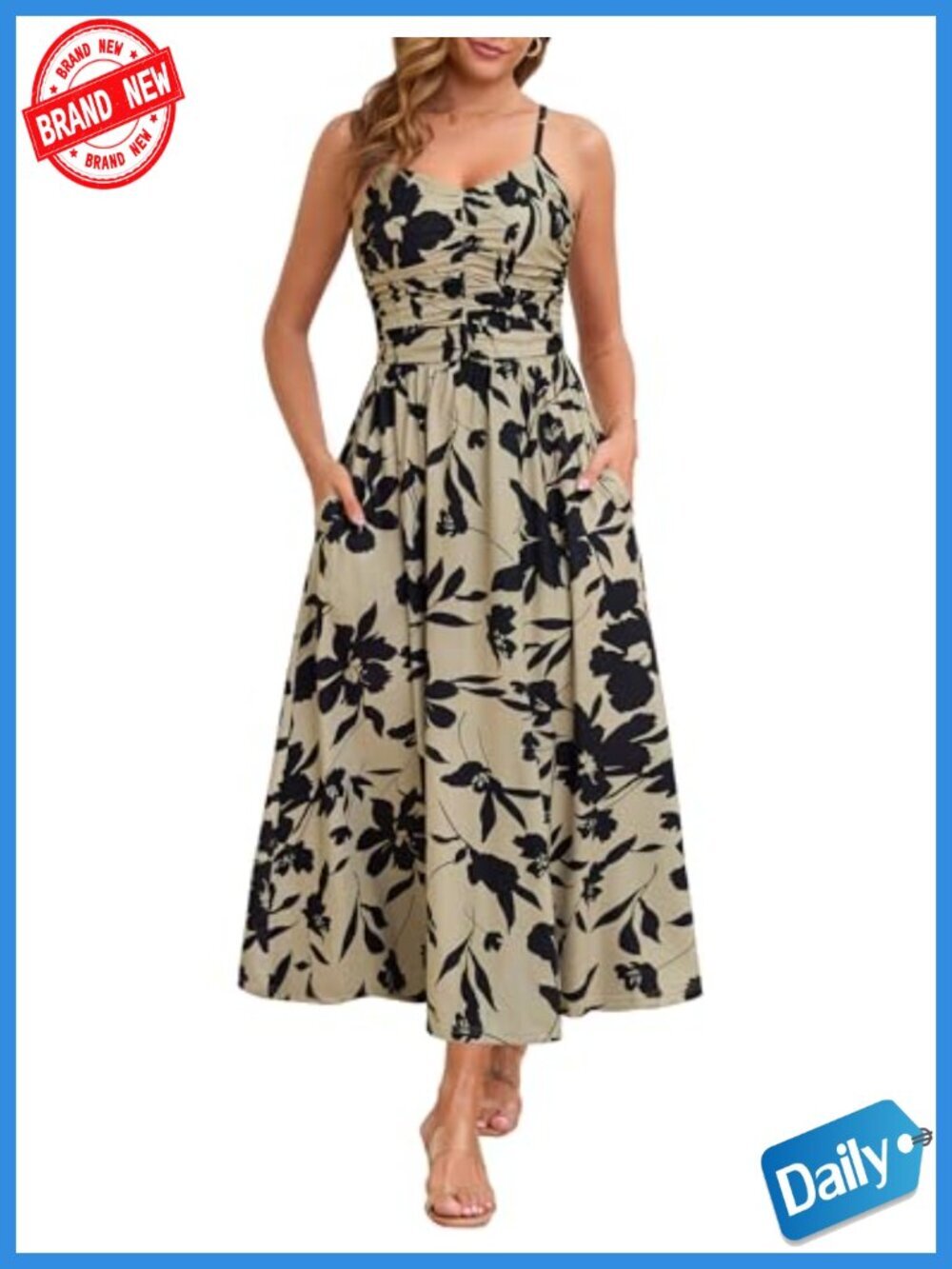 Adjustable Spaghetti Strap Ruched Maxi Dress with Pockets Open Back Floral